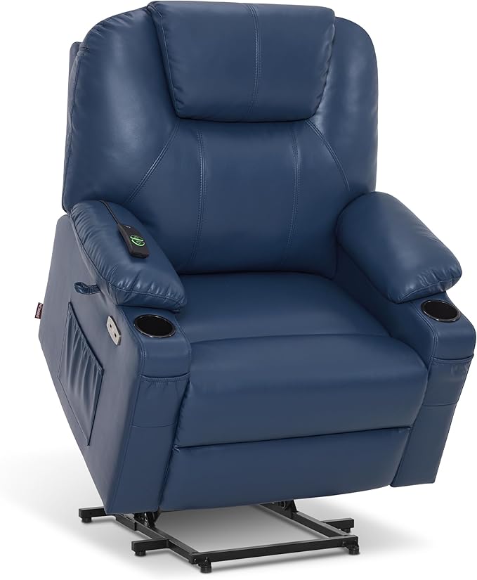 MCombo Extra Wide Power Lift Recliner Chair for Elderly, Lift Chair with Heat and Massage for Big People, USB&Type C Ports, Cup Holders, Faux Leather R7045 (Blue, Medium-Wide)