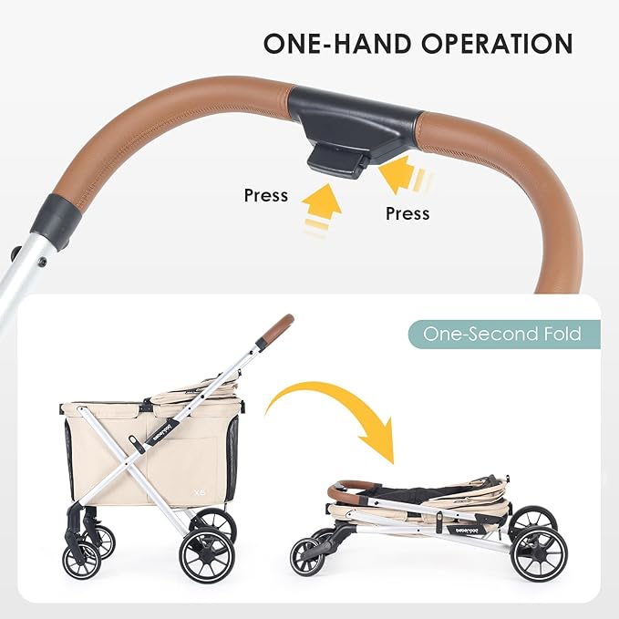 X6 Luxury Pet Stroller for Medium Dogs up to 66 lbs, One-Second Fold Design, 180° Canopy, 4-Wheel Shock Absorption (Beige)