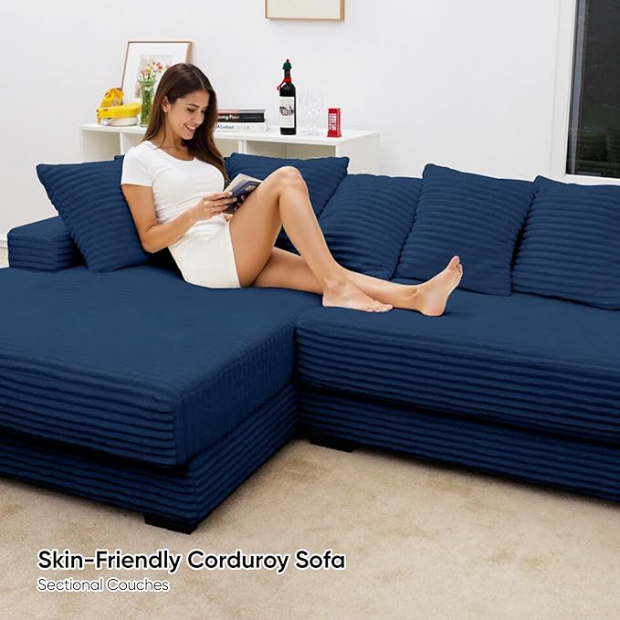 111'' Sectional Sofa Couches with L-Shape Chaise, Extra Large Sleeper Couch Reversible Corduroy Chaise with 8 pcs Pillow for Living Room, Bedroom