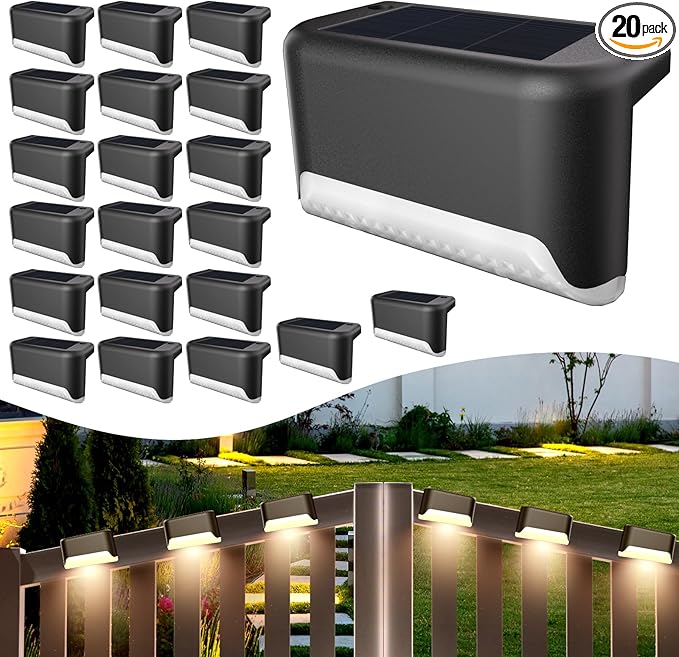 Solar Deck Lights Outdoor, 20 Pcs Solar Step Lights, Waterproof LED Solar Lights for Outdoor Stairs, Step, Fence, Yard, Patio, Railing, Garden and Pathway