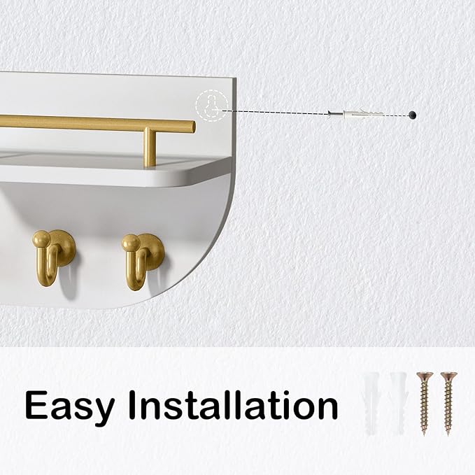 Key Holder for Wall, Decorative Key and Mail Organizer with 3 Metal Hooks and 2 Shelves, Wood Wall Mounted Key Rack for Entryway, White