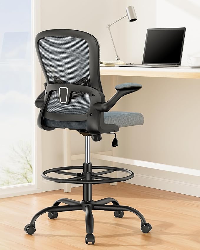 ErGear Drafting Chair,Tall Office Chair with Flip-Up Armrests, High Desk Chair Adjustable Height and Adjustable Footrest Ring, Ergonomic Standing Desk Chair with Lumbar Support, Blue