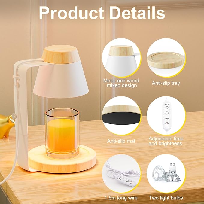 Candle Warmer Lamp with Timer, Stepless Dimmable Candle Lamp Warmer, Electric Candle Warmer Adjustable Height, Wax Warmer for Scented Wax with 2 Bulbs, for Festival&Home Decor (White Mini)