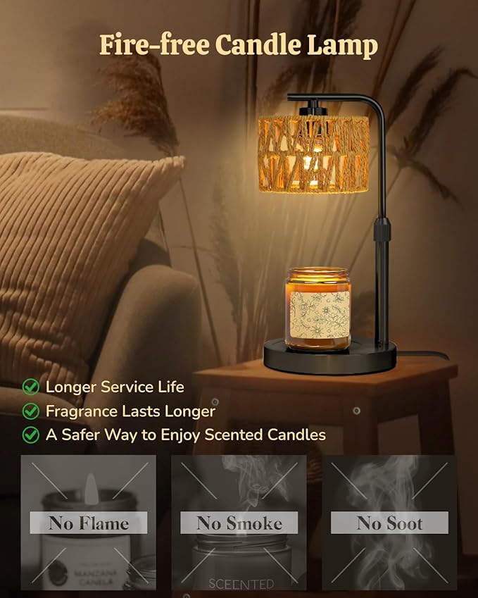 Candle Warmer Lamp, Timer Dimmable Candle Lamp, Adjustable Height and Brightness Candle Warmer, Boho Rattan Lampshade and 2 Bulbs, Suitable for Home Decor, Birthday Gifts for Women Mom (Black)