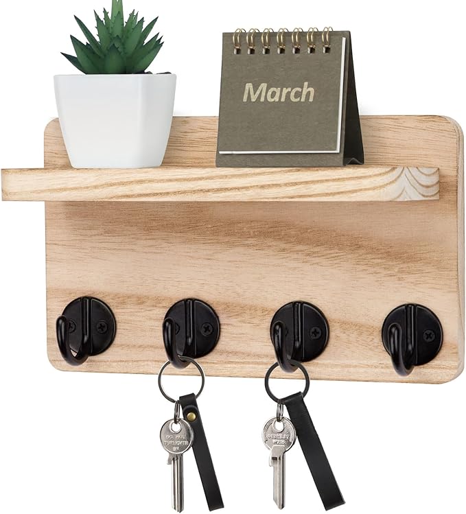 Nekon Key Holder Wall Mount, 8.5 Inch Small Home Decor Wooden Wall Organizer with 4 Hooks and Shelf, Wall Decor for Living Room Entryway Kitchen (Wood)