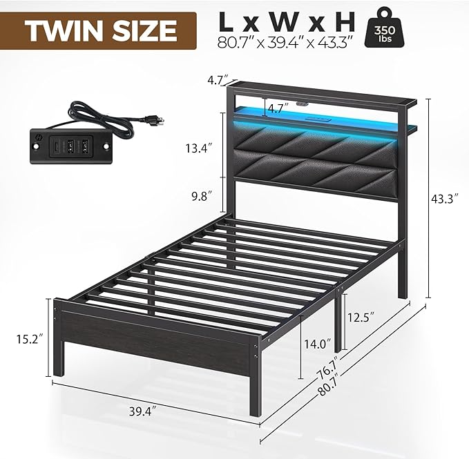 Seventable Twin Bed Frame with Charging Station & LED Lights, Upholstered Headboard with 2-Tier Storage Shelves, Metal Platform with Under Bed Storage, No Box Spring Needed, Easy Assembly, Black