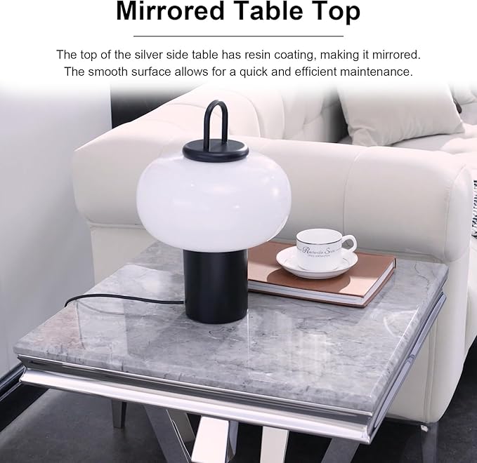 2 Piece Living Room Table Set, Luxury Coffee Table Set with Gray Top & Silver Diamond-Shaped Stainless Steel Frame, 1 Coffee Table + 1 End Table for Home Office