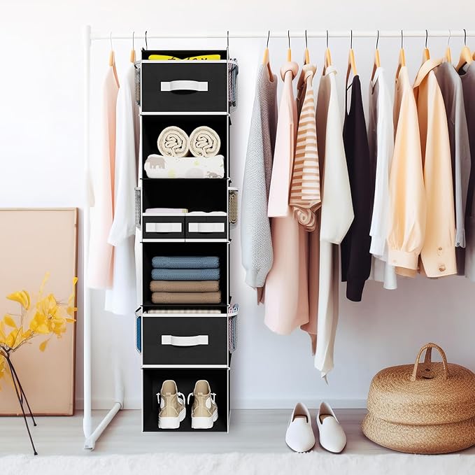 Univivi 6 Shelf Hanging Closet Organizer and Storage with 4 Removable Drawers & 6 Side Pockets,Wardrobe Clothes Organizer,Closet Hanging Shelves,Hanging Storage Organizer,Foldable