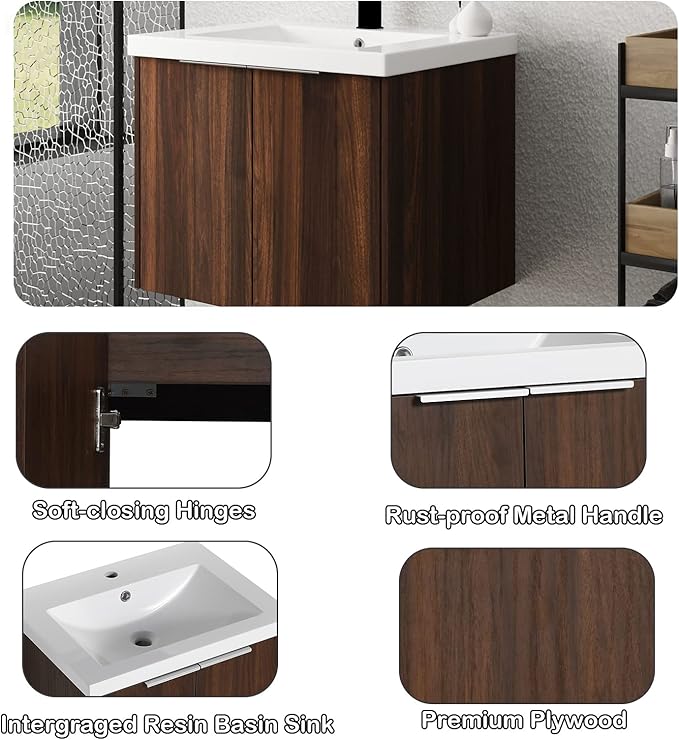 Goujxcy 24" Wall Mounted Bathroom Vanity with Sink, Modern Floating Bathroom Cabinet with White Resin Wash Basin & Storage Cabinet, Soft-Close Door Wood Hanging Bath Room Cabinet