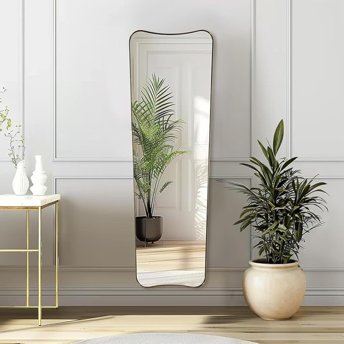 ANDY STAR 21" x 64" Full Length Mirror, Decorative Full Body Mirror with Stainless Steel Thin Frame, Italian Curved Edge Design, Wall Mountable or Leaning for Bedroom, Cloakroom, Brushed Gold