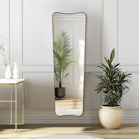 ANDY STAR 21" x 64" Full Length Mirror, Decorative Full Body Mirror with Stainless Steel Thin Frame, Italian Curved Edge Design, Wall Mountable or Leaning for Bedroom, Cloakroom, Brushed Gold