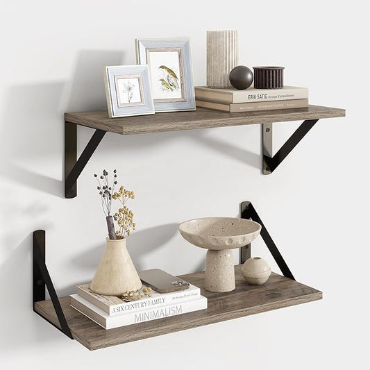 Axeman Floating Shelves for Wall, 16W x 8D Floating Shelves Set of 2, 8 Inch Deep Rustic Grey Wood Wall Mounted Shelves for Farmhouse Bookshelf Living Room Bedroom
