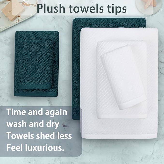 Towels for Bathroom - 100% Cotton | Quick Dry | Lightweight | Thick | Soft, 6 Piece Towel Set, 2 Large Bath 30"x56", 2 Hand 18"x28", 2 Wash Cloths 13"x13", Bathroom Decor Set, Deep Turquoise and White