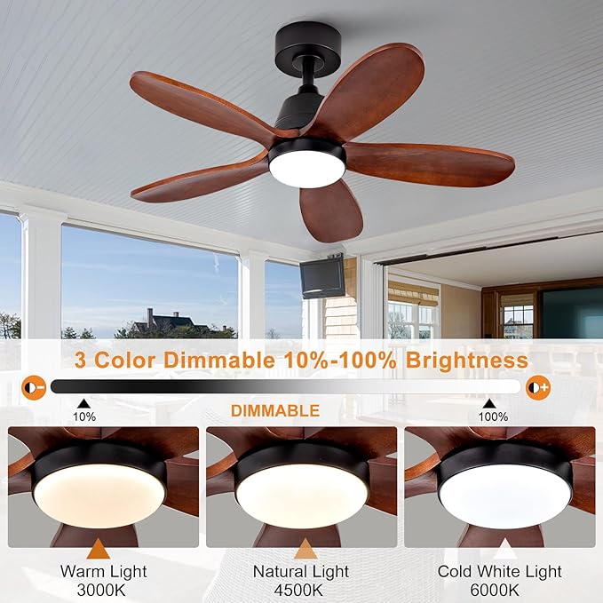 36 Inch Wood Ceiling Fans with Lights and Remote, Modern Ceiling Fan with Light, 5 Blades, Dimmable, Wall Switch, Reversible DC Motor, Memory Function, Indoor Outdoor for Bedroom Patio