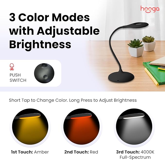 hooga Desk Lamp, Blue Light Blocking, 3 Modes: Amber 1600K, Red, Full-Spectrum 4000K, Dimmable, Rechargeable, Eye Strain Relief, Circadian Friendly