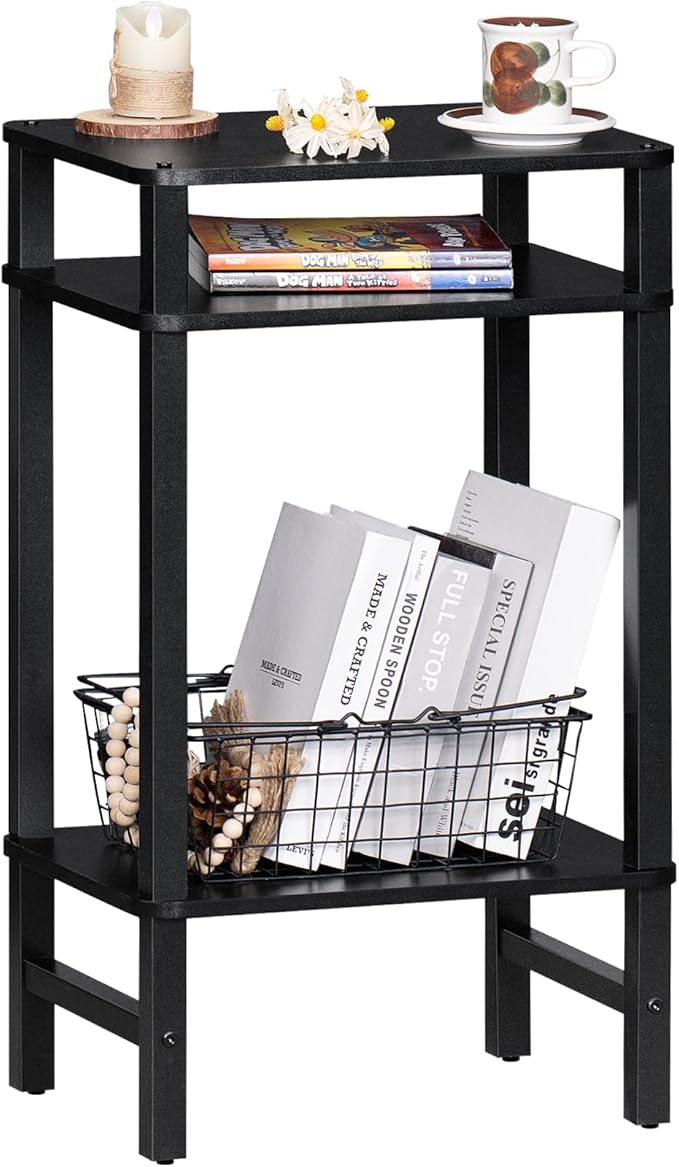 28in Tall Side Table 3-Tier Small Narrow End Table for Couch, Skinny Nightstand for Small Space, Farmhouse Slim Night Stand with Storage, Wooden Frame Thin Bedside Table, for Living Room, Black