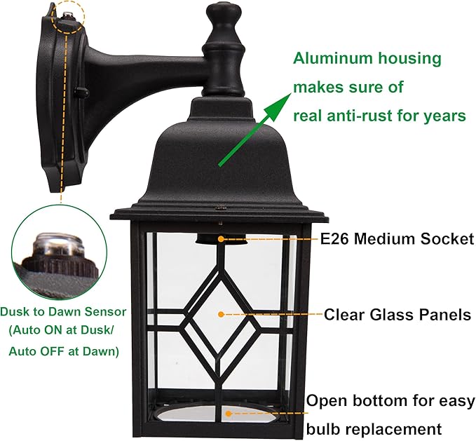 LIT-PaTH Dusk to Dawn Outdoor Wall Lantern, Matte Black Large Exterior Wall Light Fixture, E26 Base, Anti-Rust Aluminum Porch Lighting for Outside, Patio, Garage, 1 Pack