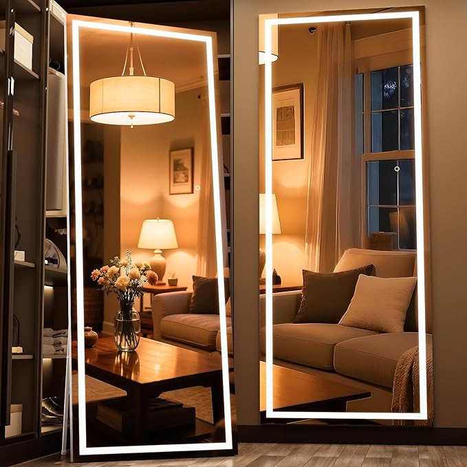 Full Length Mirror with Lights, 75" x 28" LED Lighted Floor Standing Mirror, Tempered Glass, Square White