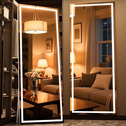 Full Length Mirror with Lights, 75" x 28" LED Lighted Floor Standing Mirror, Tempered Glass, Square White
