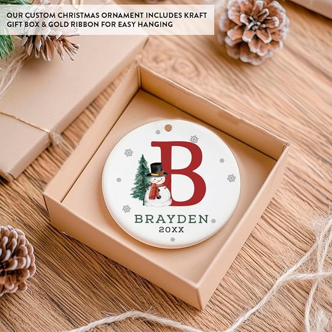 Andaz Press Personalized Christmas Ornament, Custom Name, Initial B Monogram Snowman 2.8" Ceramic Porcelain 2025 Christmas Ornament Keepsake for Kids, Boys, Girls, 1-Pack Initial Ornaments