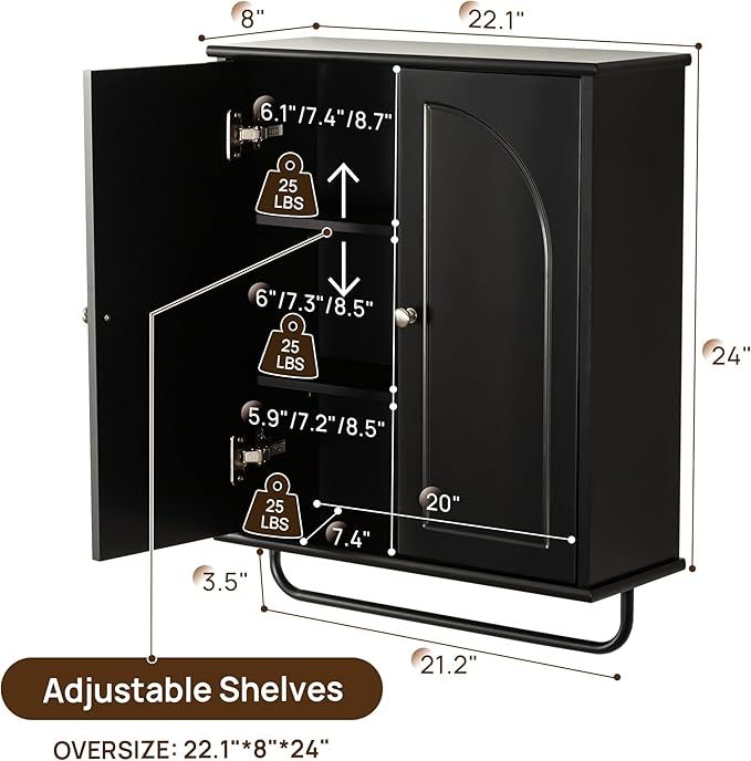 Bathroom Storage Cabinet with Adjustable Wood Shelves, Unique Arched Groove Design On The Door, Wall Mounted with Towels Bar, Over The Toilet Storage Cabinet with DTC Silent Buffering Hinge