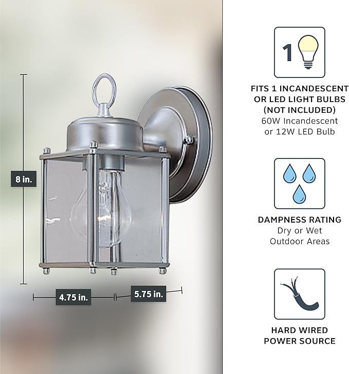 DESIGNERS FOUNTAIN Preston Outdoor Light Fixture, 8 Inch, Exterior Wall Mount Lantern Sconce, Clear Glass Porch Lights for Front Door, Patio, and House Garage, Pewter, 1161-PW (Pack of 6)