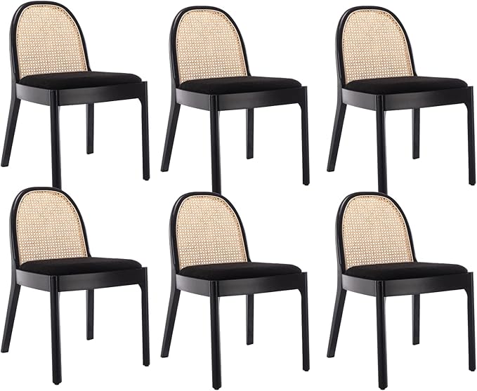 HEAH-YO Rattan Dining Chairs Set of 6, Upholstered Sherpa Dining Room Chairs with Backrests, Modern Kitchen Chairs with Wood Legs for Dining Room, Black