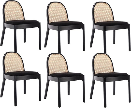 HEAH-YO Rattan Dining Chairs Set of 6, Upholstered Sherpa Dining Room Chairs with Backrests, Modern Kitchen Chairs with Wood Legs for Dining Room, Black
