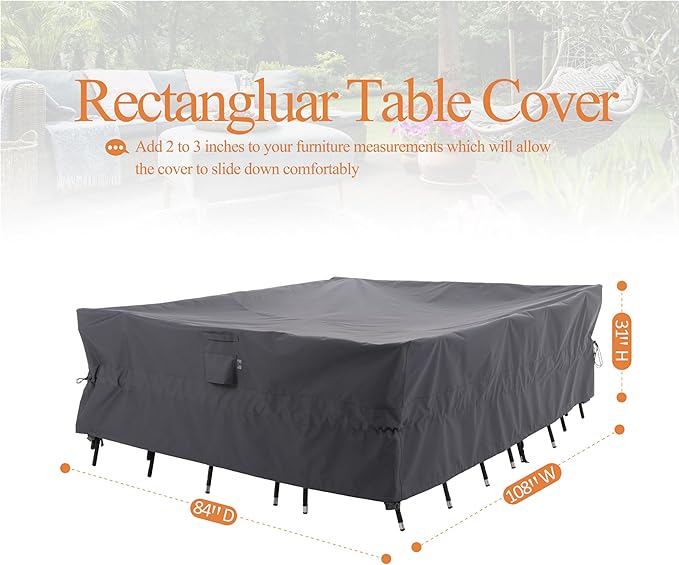 WJ-X3 Large Grey Patio Furniture Cover,108W x 84D x 31H Inch - Waterproof, UV & Wind-Resistant, Anti-Fade, Perfect for Outdoor Table & Chair Sets