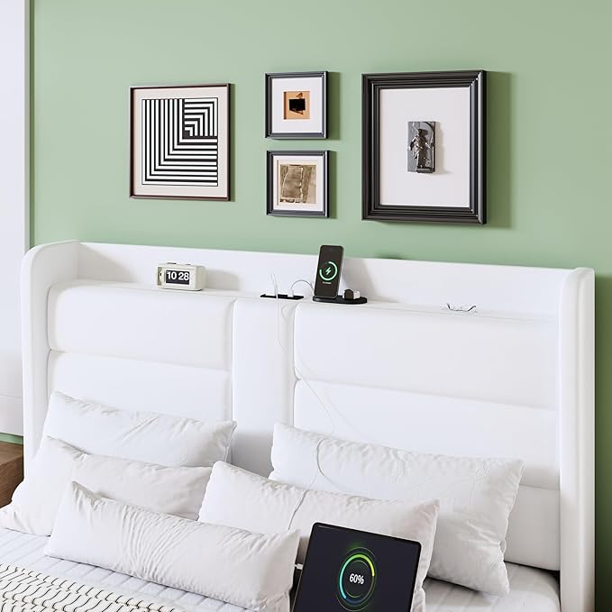 Allewie Full Size Platform Bed Frame with Charging Station & Storage Headboard, Upholstered Velvet Wingback Design & USB Port, Strong Wooden Slats Support, No Box Spring Needed, Easy Assembly, White