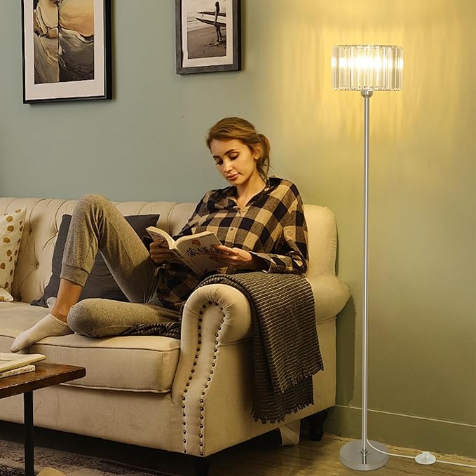 HMVPL Crystal Floor Lamp, Chrome Pole Floor Lamp with K9 Crystal Shade, Silver Standing Lamp with On/Off Switch, Modern Corner Tall Lamp for Living Room Bedroom Nursery Office Home Decor