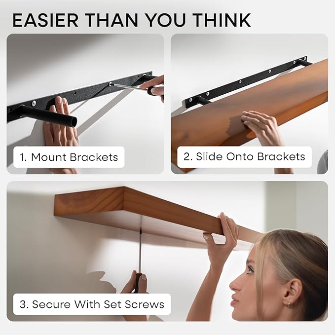 Homeforia Floating 60 inch Oak Shelves, High End Solid Real Wood 60inch Floating Shelf for Wall Mounted, Honey Oak Wooden 60in Large Floating Shelves, Heavy Duty Bracket, 60 X 6.5 X 1.75 in, Set of 3