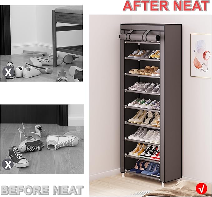 Calmootey 9 Tier Shoe Rack Organizer,Portable Shoe Shelf with Nonwoven Fabric Cover for Closet Hallway,Bedroom,Entryway,Grey