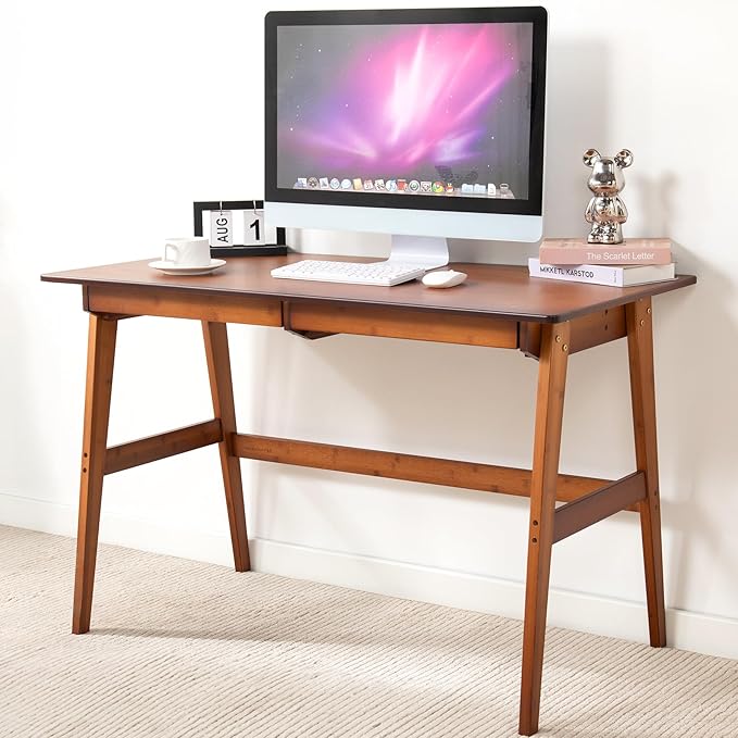 Nnewvante Desk, Bamboo Table with 2 Drawers, Simple Modern Furniture for Home, Office, Computer, Writing, Study, Makeup & Workstation (46''-Brown)