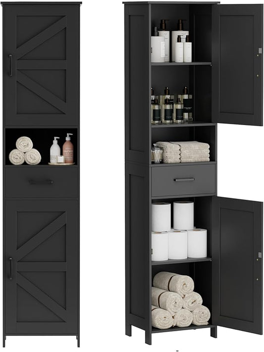 Homhedy 67" H Tall Bathroom Storage Cabinet with 2 Barn Doors and 1 Drawer, Narrow Storage Unit, Adjustable Shelves, Floor Cabinet for Bathroom, Living Room, Entryway, Kitchen, Black, (15.7" W)