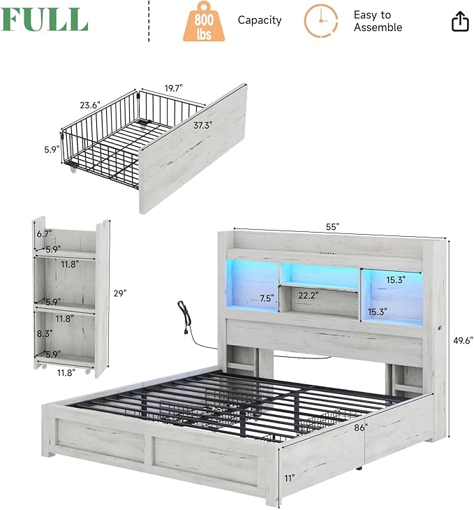 AMERLIFE Full Bed Frame with 4 Storage Drawers, LED Bed Frame with 49.6" Tall Bookcase Headboard, Wood Platform Bed with Charging Station & 2 Slide Bedside Shelf, No Box Spring Needed/Distressed White