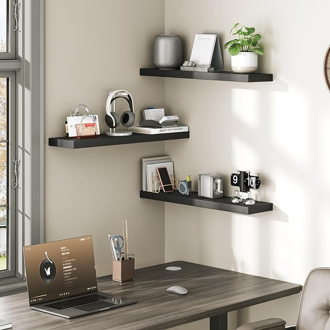 Floating Shelves for Wall, 1.5" Thick Wall Shelf Set of 3 with Invisible Brackets, 23.6L x 7.9W Hanging Book Shelves Farmhouse Home Decor for Bathroom, Living Room, Bedroom, Black 6301BJP3BK