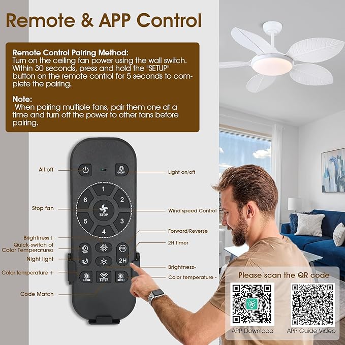 Ceiling Fans with Lights and Remote/APP Control, 48 Inch Tropical Ceiling Fan for Bedroom Living Room, Outdoor Palm Leaf Ceiling Fan for Patios Porch, Dimmable, 6 Speeds, Reversible, White