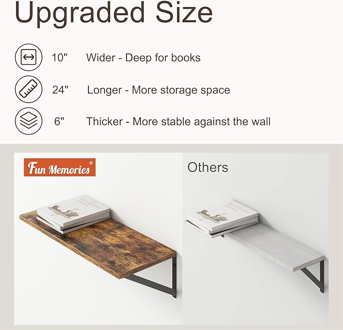 Deep Floating Shelves for Wall, 24"W x 10"D Wall Shelves Set of 2, 10 Inch Deep Floating Shelf with Brackets, Wide Display & Storage Shelves for Books, Living Room, Kitchen, Bathroom, Rustic Brown