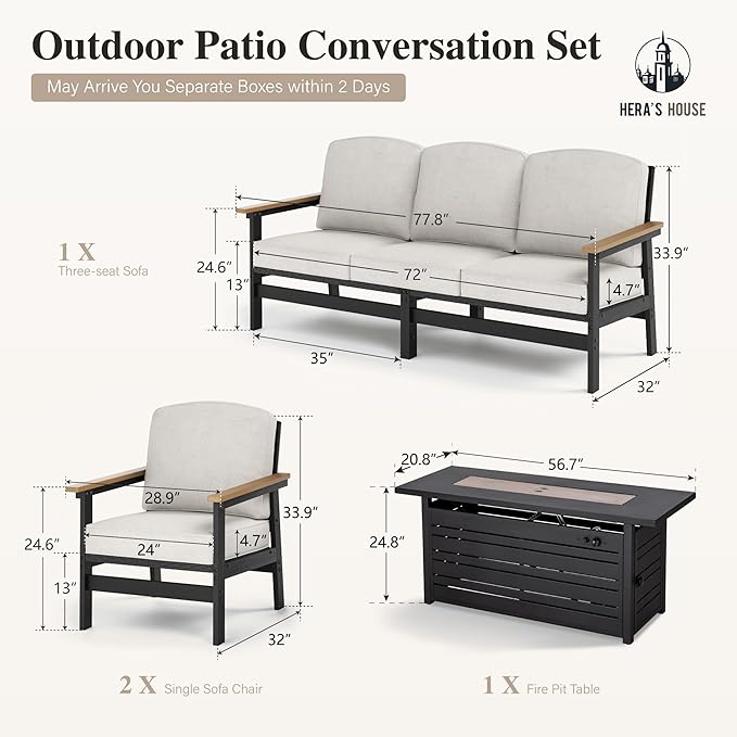 HERA'S HOUSE HDPE Patio Furniture Set, 4-Piece Outdoor Wicker Conversation Couch Set with 57" Fire Pit Table and Thick Cushion, All-Weather Patio Sofa Set for Backyard Garden Deck