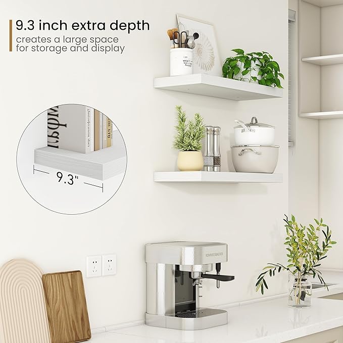 Fun Memories Floating Shelves - 2 Pack 9.3 Inch Deep Rustic Wooden Wall Shelves - Wall Mounted Storage Shelf with Invisible Brackets, 24" W x 9" D x 1.6" H - White