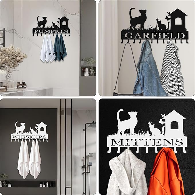 Custom Metal Key Rack Hooks, Personalized Key Holder for Wall, Cat, Cat House Theme Wall Decoration Key Hooks, Key Hanger Organizer for Living Room, Entryway, Pet House, Bedroom Decor