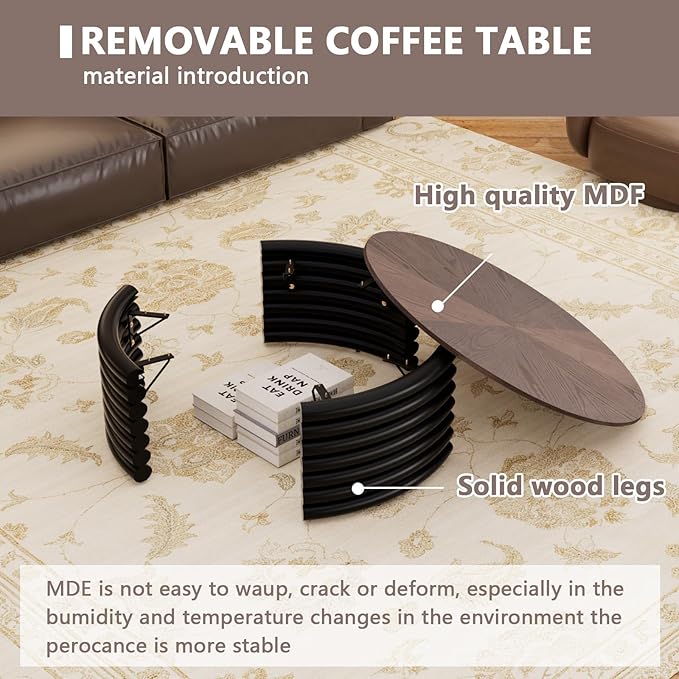 36" Round Coffee Table for Living Room Mid Century Modern Vintage Circle Coffee Table Center Tables Fluted Accent Tea Tables for Apartment Living Room