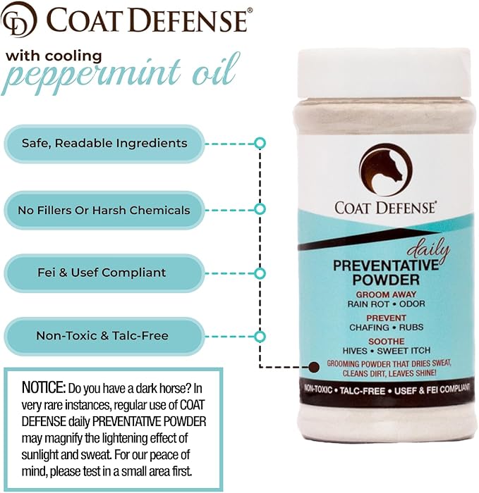 COAT DEFENSE Daily Preventative Powder for Horses - Safe & Effective Equine Skin Conditioner Sweet Itch, Skin Funk, & Rain Rot - Dry Horse Shampoo, 16 oz Formula with All Natural Ingredients