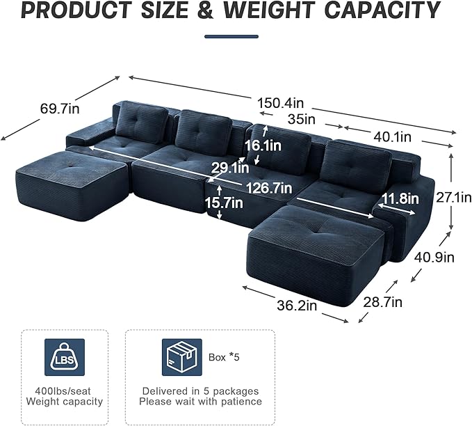 150.4'' Sectional Sofa, 32D Foam Corduroy Boneless Couch with Pillow, Deep Seat Wide Arm Sectional U Shaped Couch for Living Room, Apartment, Bedroom