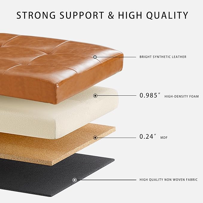 HAUSFRAU 31.5 Inches Ottoman with Storage, Folding Ottoman Bench Small Foot Rest Stool, Bedroom Bench with Flipping Lid, Faux Leather Retro Brown