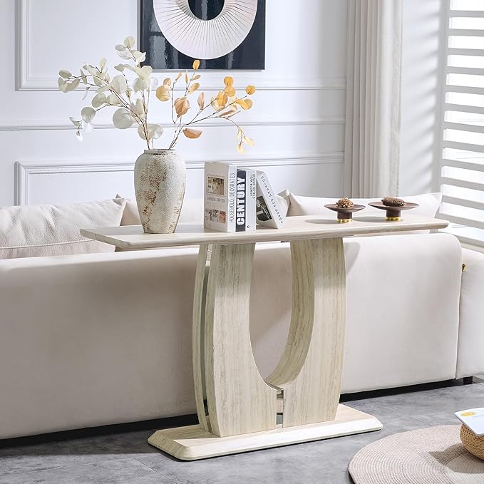 LKTART 55" MDF Console Table for Entryway, Narrow Entryway Table with Faux Mars Marble Pattern, Couch Tables Behind Sofa with U-Shaped Base for Living Room Hallway Foyer, Dark
