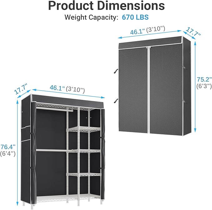 VIPEK V7C Garment Racks with Cover Portable Closets for Hanging Clothes, Heavy Duty Clothes Rack with Shelves Metal Closet Wardrobe, Max 670lbs, White Rack with Black Upgraded Polyester Cover