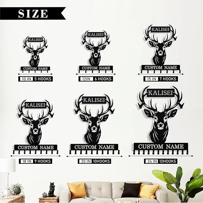 Personalized Deer Head Key Holder Wall Mount, Custom Metal Keys Hanger for Wall with Name, Custom Key Rack Holder with Hooks for Entryway, Front Door, Hallway, Living Room, Kitchen