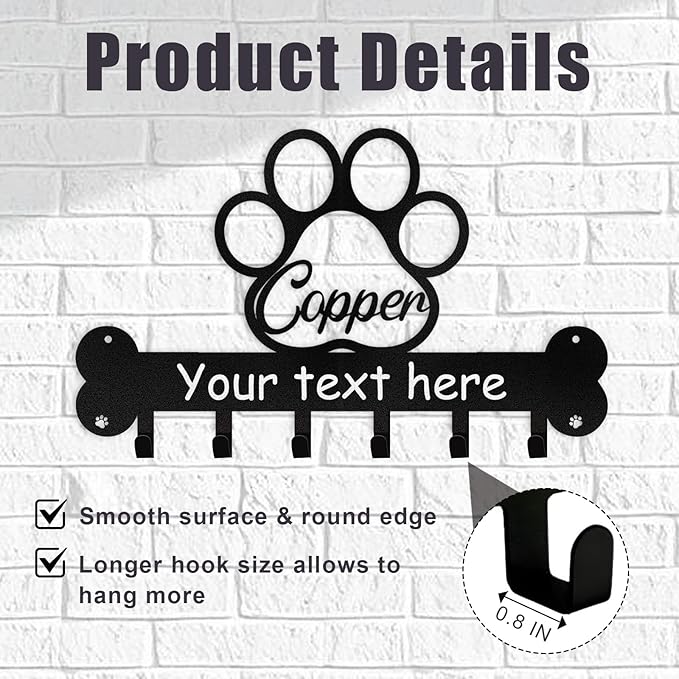 Personalized Dog Leash and Key Holder for Wall - Custom Name Metal Wall Mount With Hooks, Storage Organizer, Key Rack Decor - Gifts for Dog Lovers, Entryway, Farmhouse